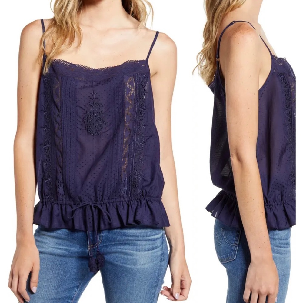 Hinge Woven Embroidered Cami Top Navy Dusk S Small NWOT